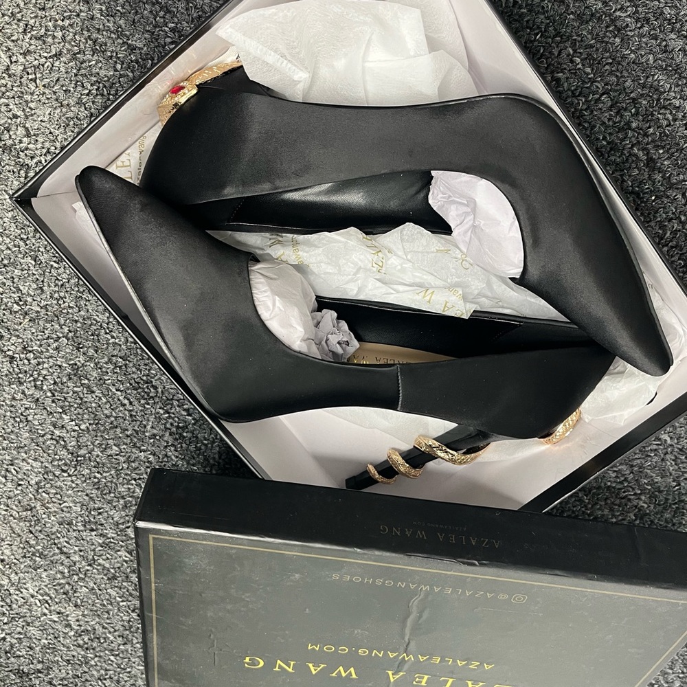 Azalea Wang Black Heels with Gold Accents